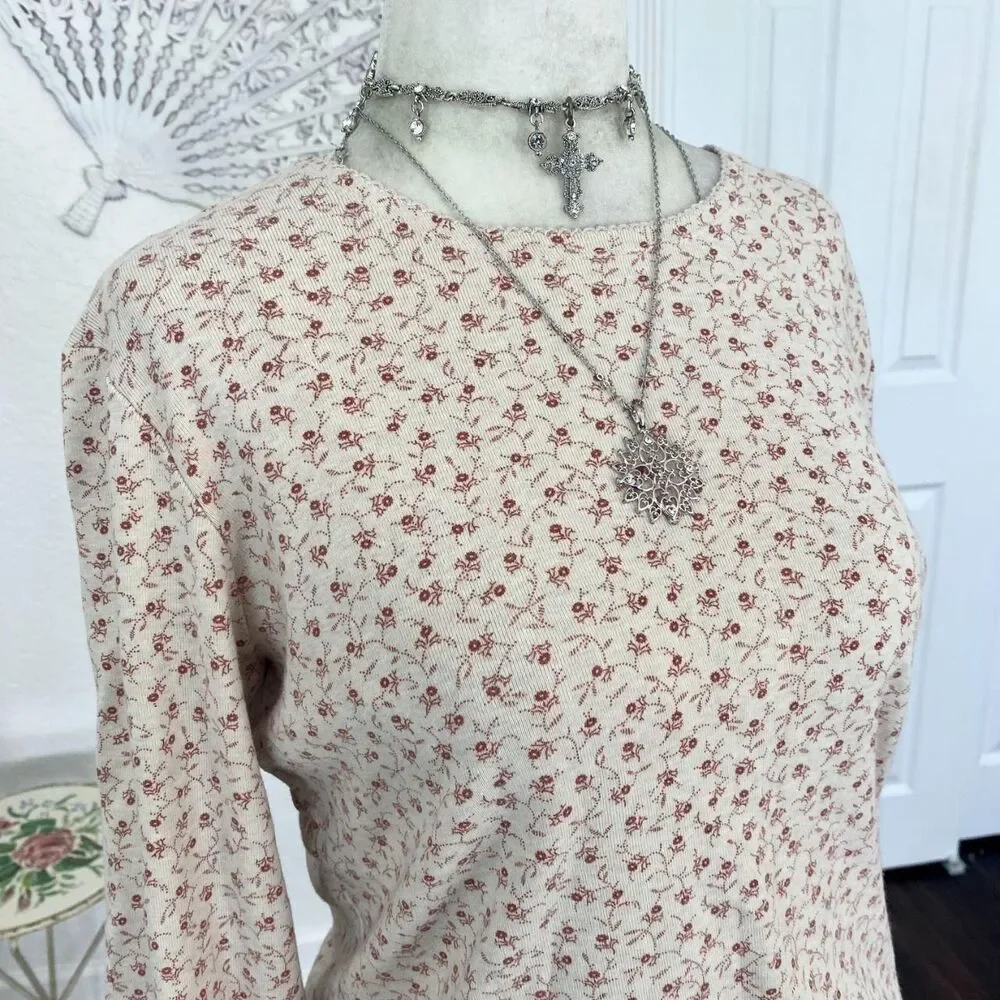 L.L.Bean Early 2000's Cream Red Cottage Core Floral Cotton Longsleeve Top S - Picture 4 of 6